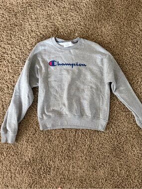Champion Light Gray Sweatshirt with Blue and Red Logo